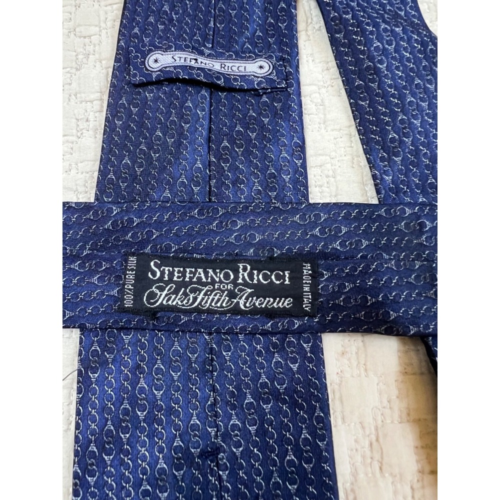 Stefano Ricci for Saks Fifth Avenue Silk Tie Chains Navy Skinny 1980s 58"L 3"W